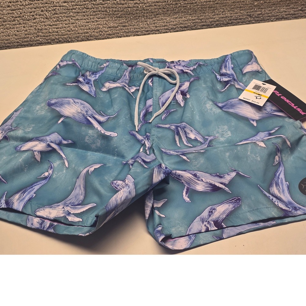 Psycho Tuna Mens Whale Print Swim Trunks Aqua Blue Board Shorts Medium PTYB0046C